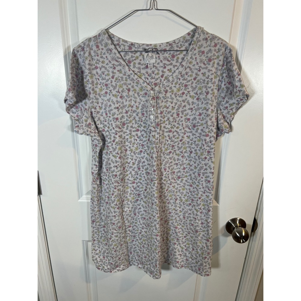 Aria Womens Sleep Shirt Floral Button Front V-Neck White XL